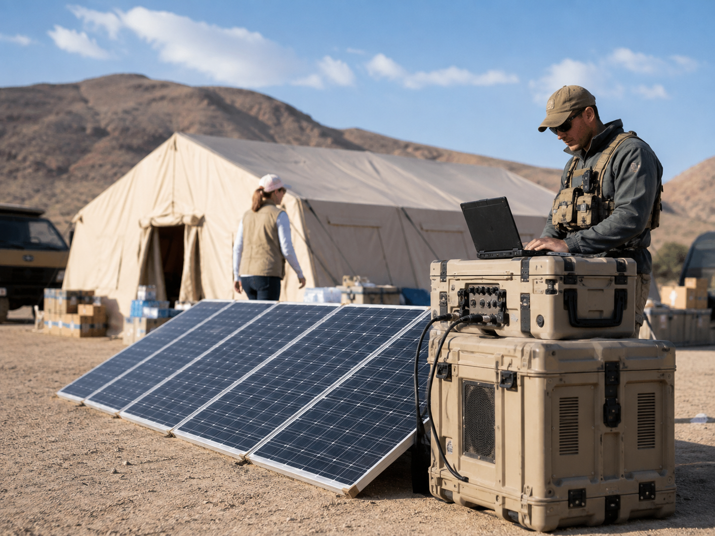 Solar-powered equipment at a remote humanitarian operations site